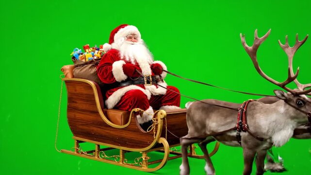 Santa Claus in Sleigh with Reindeer on Green Screen - Santa Claus sits in his sleigh pulled by reindeer, against a bright green chroma key background.
