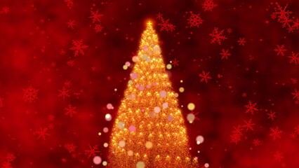 A Festive Looping Animation Featuring a Sparkling Christmas Tree Adorned with Glowing Lights and Floating Snowflakes Against a Vibrant Red Background