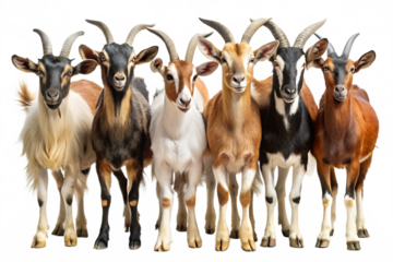 Six Goats in a Line on White Background with Colorful Digital Glitch group graphic isolated on a transparent background