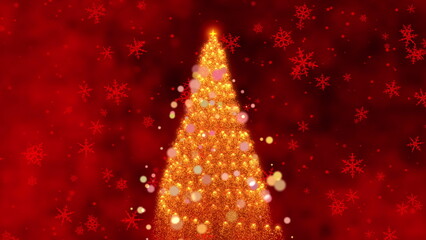 A Magical Holiday Journey: A Looping Animation Transitioning from Sparkling Ornaments to a Dazzling Christmas Tree Surrounded by Snowflakes on a Festive Red Background