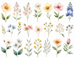 Vibrant watercolor floral collection bursting with delicate petals and lush green leaves, perfect for spring designs