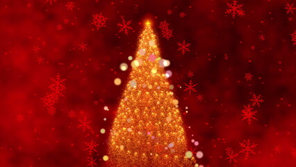 A Magical Holiday Journey: A Looping Animation Transitioning from Sparkling Ornaments to a Dazzling Christmas Tree Surrounded by Snowflakes on a Festive Red Background
