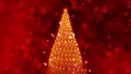 A Magical Holiday Journey: A Looping Animation Transitioning from Sparkling Ornaments to a Dazzling Christmas Tree Surrounded by Snowflakes on a Festive Red Background