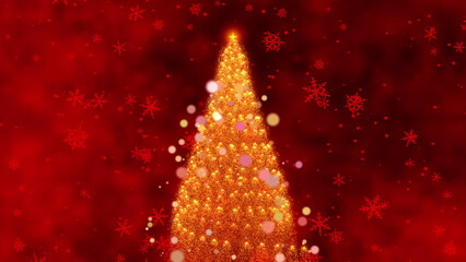 A Magical Holiday Journey: A Looping Animation Transitioning from Sparkling Ornaments to a Dazzling Christmas Tree Surrounded by Snowflakes on a Festive Red Background