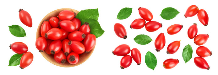Rose hip in wooden bowl isolated on a white background with full depth of field. Top view. Flat lay