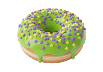 Isolated glazed doughnut topped with green icing and sprinkles for sweet celebration treat