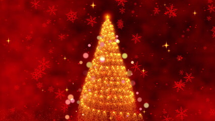 A Magical Christmas Animation Featuring a Sparkling Christmas Tree Surrounded by a Festive Red Background and Shimmering Snowflakes and Stars