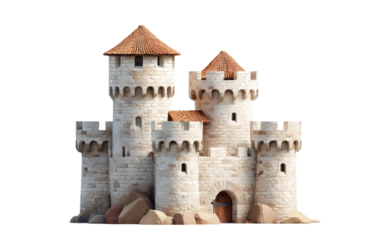 Medieval stone castle with towers and red roofs on black background, cut out
