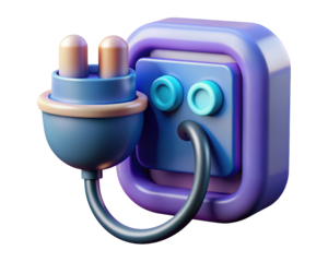 Cartoon electrical plug in a wall socket energy saving electric power source cord connection appliance 3d illustration isolated on transparent background