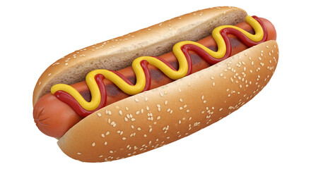 Isolated hot dog sandwich with ketchup and mustard, fast food meal in a sesame bun, 3d illustration