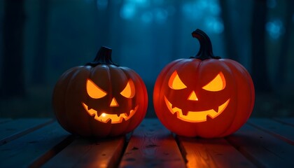 Obraz premium Glowing Jack O'Lanterns Outdoors At Night For Halloween Decoration On Wooden Table
