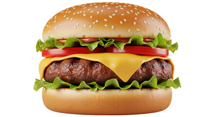 Isolated Cheeseburger With Lettuce, Tomato, and Patty With Sesame Seed Bun Close Up