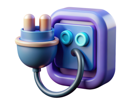 Cartoon electrical plug in a wall socket energy saving electric power source cord connection appliance 3d illustration isolated on transparent background