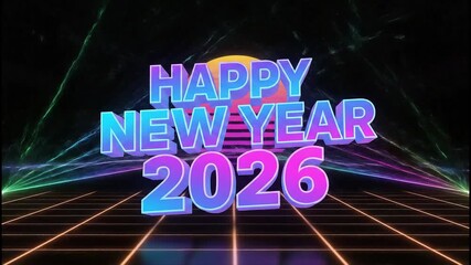 Happy New Year 2026 with glowing neon lettering and a dynamic retro grid, capturing the energetic spirit of a futuristic year greeting - Powered by Adobe