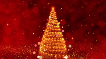 A Magical Christmas Celebration Unfolds: Sparkling Lights and Twinkling Stars Illuminate a Beautifully Decorated Tree Against a Festive Red Background