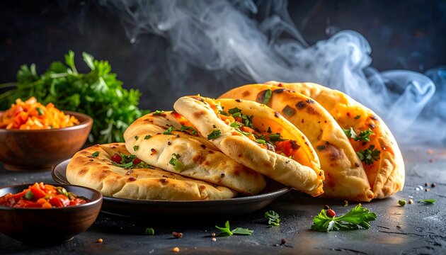 Indian flatbreads, steaming hot, with various toppings and accompaniments