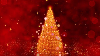 A Magical Christmas Celebration Unfolds: Sparkling Lights and Twinkling Stars Illuminate a Beautifully Decorated Tree Against a Festive Red Background