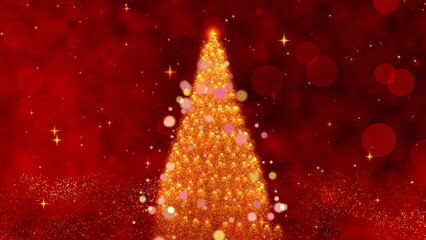A Magical Christmas Celebration Unfolds: Sparkling Lights and Twinkling Stars Illuminate a Beautifully Decorated Tree Against a Festive Red Background