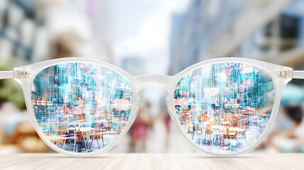 Eyeglasses reflecting a digital cityscape with vibrant urban data visualization