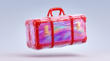 Red suitcase with a clear plastic cover is floating in the air. The suitcase is decorated with a rainbow pattern, giving it a whimsical and playful appearance. Concept of lightheartedness and fun