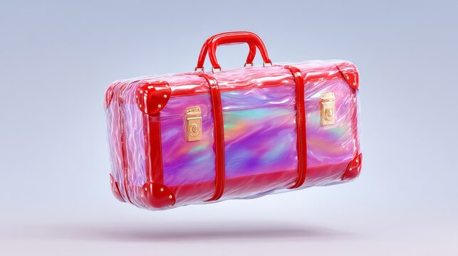 Red suitcase with a clear plastic cover is floating in the air. The suitcase is decorated with a rainbow pattern, giving it a whimsical and playful appearance. Concept of lightheartedness and fun - Powered by Adobe