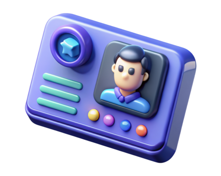 Cartoon identity card badge 3d render featuring a man in a profile picture and star icon 3d illustration isolated on transparent background