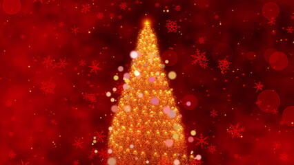 A Magical Holiday Scene Featuring a Sparkling Christmas Tree Surrounded by Glowing Ornaments and Falling Snowflakes in a Warm Red Atmosphere