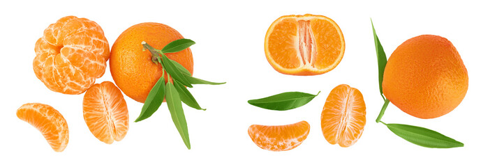 Tangerine or clementine with green leaf isolated on white background with full depth of field. Top view. Flat lay