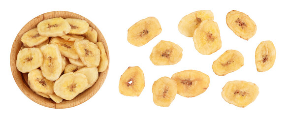 Dried banana chips in wooden bowl isolated on white background with full depth of field. Top view. Flat lay
