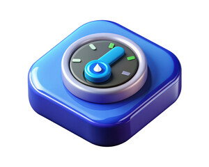 Blue 3d application icon featuring a stylish speedometer gauge display 3d illustration isolated on transparent background