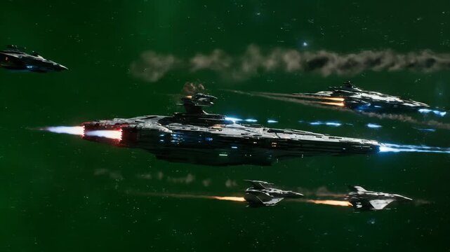Sci-Fi Space Battle Green Screen - A dramatic space battle unfolds against a green screen background. Multiple spaceships engage in combat, with explosions and energy blasts visible.