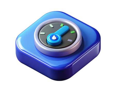 Blue 3d application icon featuring a stylish speedometer gauge display 3d illustration isolated on transparent background