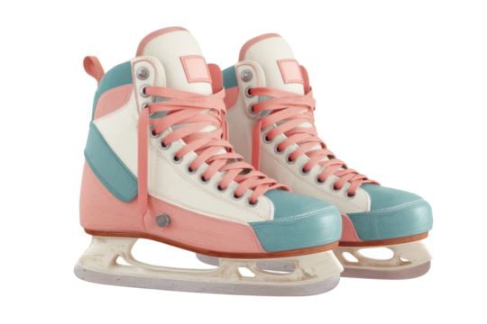 Colorful pink and blue ice skates with white blades, cut out