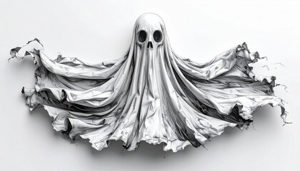 Monochrome Overhead View of Spooky Ghost Figure with Flowing Fabric on White Seamless Background