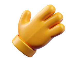 Cartoonish yellow hand gesture with palm up and three fingers extended on a background 3d illustration isolated on transparent background