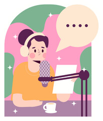 Cartoon Woman with Headphones Microphone and Speech Bubble Recording Podcast.