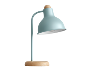 Stylish modern blue desk lamp with wooden base on white background, cut out