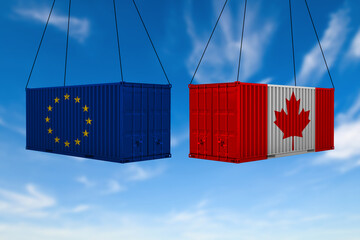 European union (eu) and Canadian flag cargo shipping container hanging in a sky. concept of...