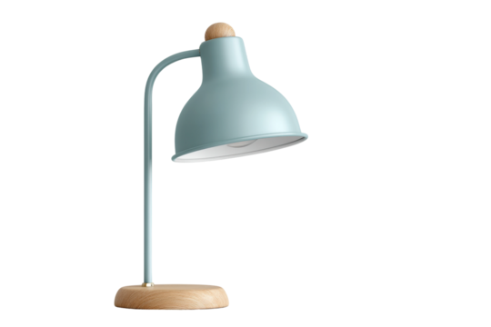 Stylish modern blue desk lamp with wooden base on white background, cut out - Powered by Adobe