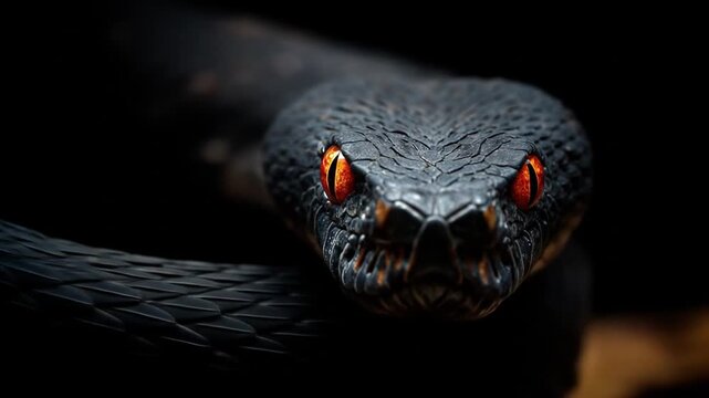 Close-up view of a menacing black snake with glowing red eyes against a dark background.