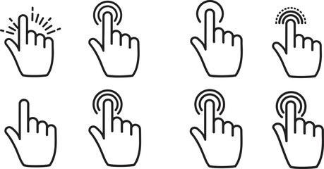 Hand click icons collection, finger touch gestures, mobile app navigation symbols, digital interaction signs, touchscreen interface design, vector graphic illustrations