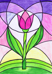 Pink Tulip. Stained Glass Sketch. Children's Drawing