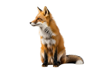 Fototapeta premium A captivating red fox, angled profile, sits against a stark black background, showcasing its rich fur and attentive gaze.
