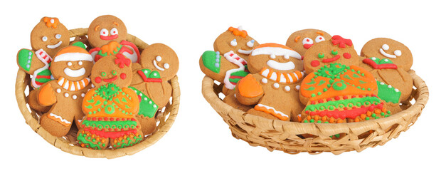 christmas gingerbread cookie in a wicker basket isolated on white background