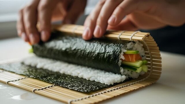 Hands carefully rolling sushi on a bamboo mat, preparing a delicious meal