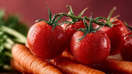 Three red tomatoes and a carrot are sitting on a table. The tomatoes are wet and shiny, and the carrot is also wet. The image has a fresh and healthy vibe, with the vegetables looking ripe