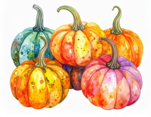 Watercolor Painting of Various Colored Pumpkins on White Background for Fall and Thanksgiving