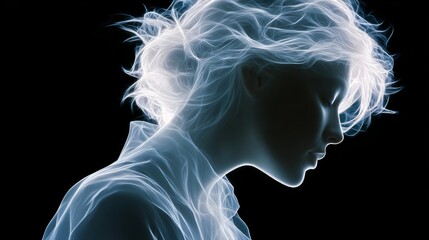 Woman's face is shown in a black background with a blue glow. The woman's hair is styled in a bun and her eyes are closed. The image has a mysterious and ethereal quality to it