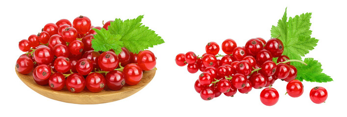 Red currant berries in a wooden bowl isolated on white background