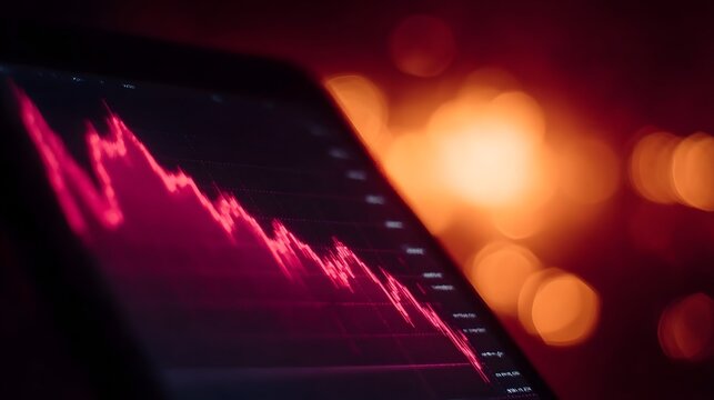 Close up of a digital screen displaying a downward trending financial chart with a red line against a blurred bokeh background